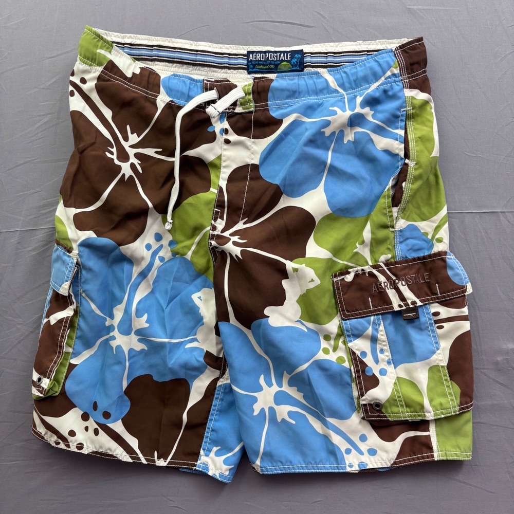 Aeropostale Mens Board Shorts Blue Brown Green Hibiscus Floral Cargo Trunks M